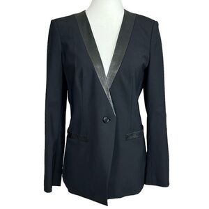 DKNY Black Single Button Wool Blend Blazer Lamb Skin Leather Trim